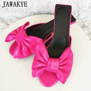 

Rose Red Bowknot Mules Women Genuine Leather Square Kitten Heels Slippers Sexy Open Toe Beach Slides Runway Gladiator Sandals