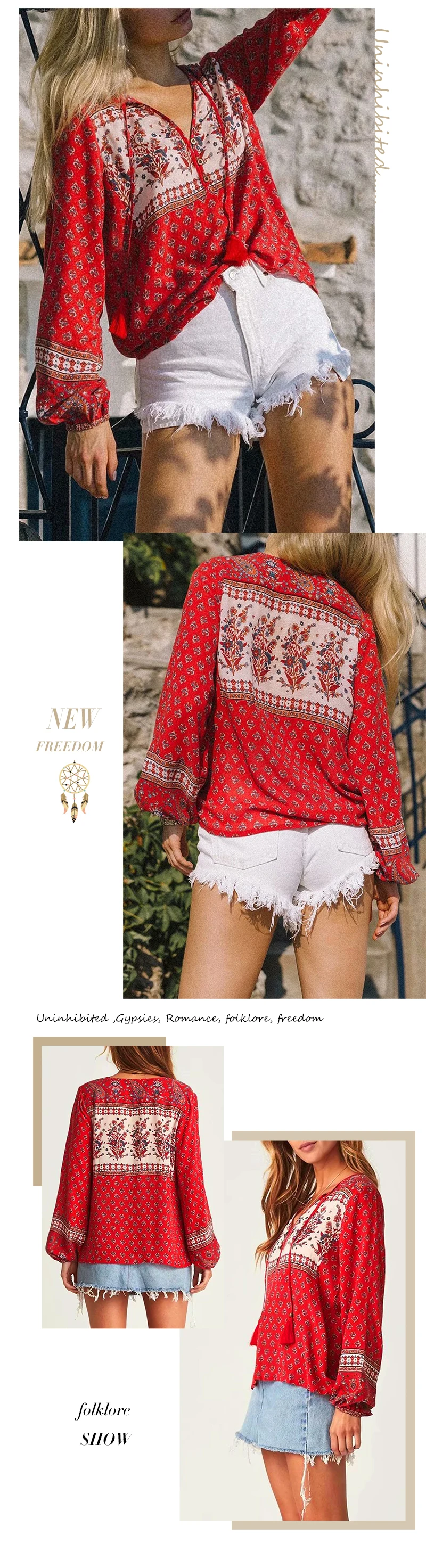 Everkaki, Boho, цветочный принт, блузка, топы для женщин, Ретро стиль, на шее, завязанные пуговицы, летние женские блузки, Топ для женщин,, осень, Новая мода
