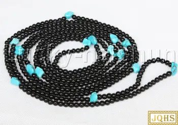 

Long natural 100" round black agate Baroque blue turquoises Beaded Strand Necklace j11679