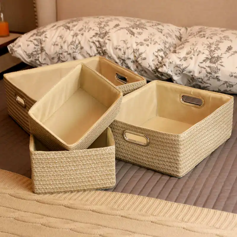 

Hand-made straw Japan style wood handle rectangle receive sundry storage basket snacks commonly used