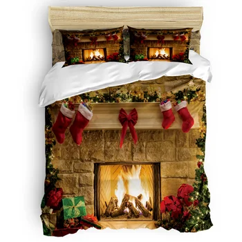 

Merry Christams Fireplace Printing Custom Bedding Set 3D Digital Printing Christmas Bedding Set US KING QUEEN