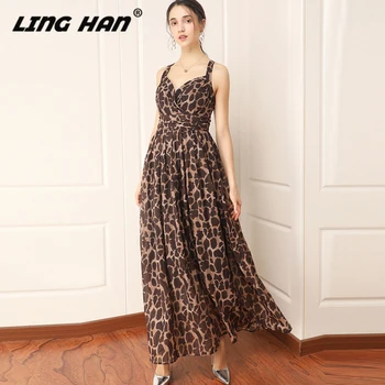 

LINGHAN Designer Women Spring Summer 2020 Leopard Print Sleeveless Ankle-length Dress Sexy V-neck Dresses Lady Vestidos