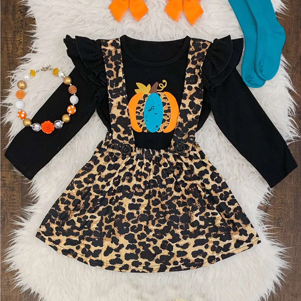 

Toddler girl fall clothes long sleeve Kids Baby Girls Halloween Pumpkin Tops Leopard Print Princess Dress childrens clothing