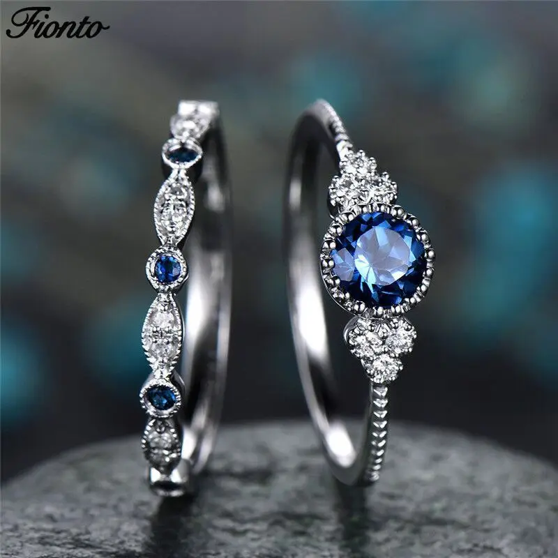 

FIONTO 2Pcs/Set 2019 Luxury Green Blue Stone Crystal Rings Women Sliver Color Wedding Engagement Rings Jewelry Dropship CE0801/5