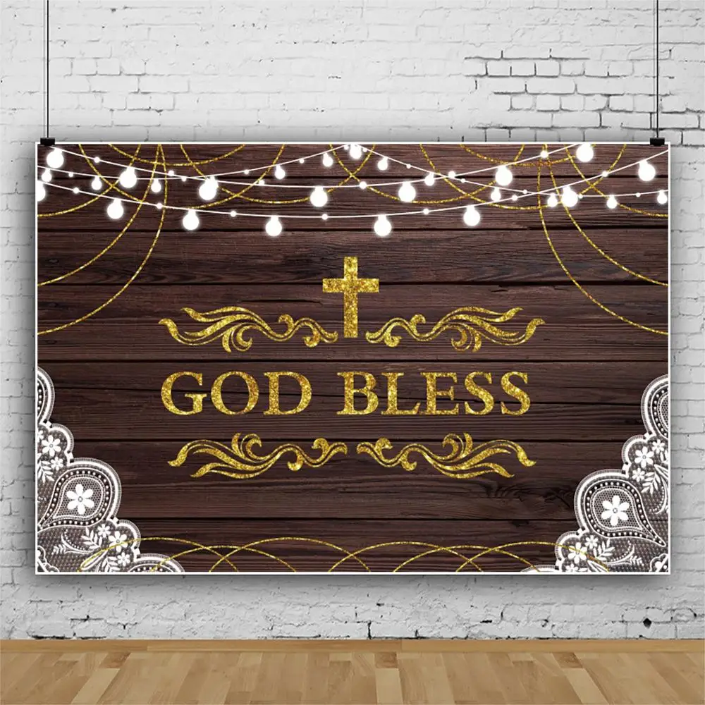 

Laeacco Gold Bless Cross Brown Wooden Board Light Lace Pattern Party Vinyl Photography Backdrop Background Photocall Photozone