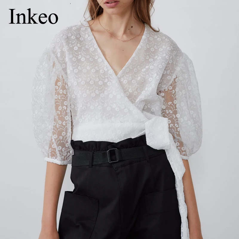 

Women Flower embroidery Blouse With belt 2019 New arrival White V-neck Female shirt Elegant Puff sleeve Tops Sexy INKEO 9T007