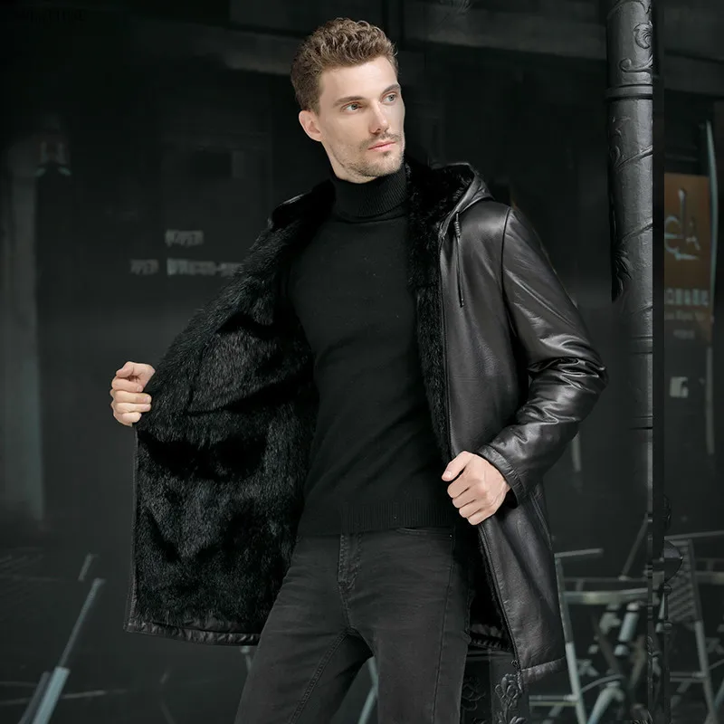 Мужская норковая куртка, верхний слой, фетальная воловья кожа, мужская куртка, цельная норковая внутренняя длинная стильная ветровка, верхний слой, коровья кожа, пальто