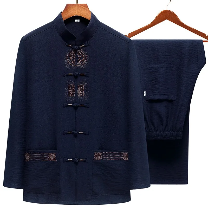 Plus Size Men Kung Fu Suit Embroidery Tang Suit Spring Autumn 2PCS Shirt&Pants Chinese Traditional Tai Chi Clothes 3XL 4XL 5XL tai chi clothing chinese traditional costume