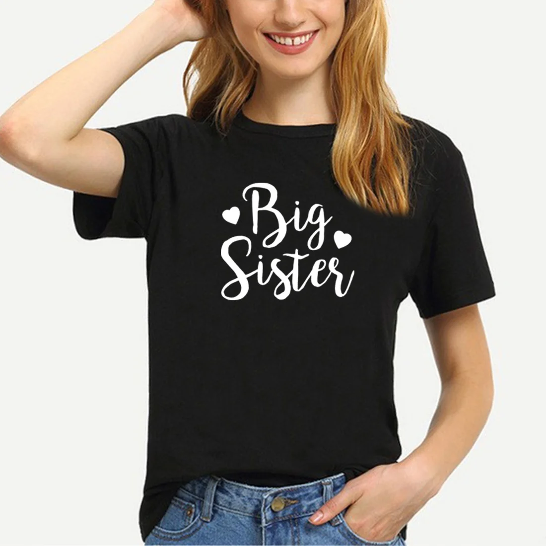 Женская футболка с принтом Big Sister хлопковая коротким рукавом белая свободная