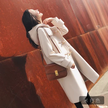 

Coat Woolen 2020 New Autumn winter Solid Horn Button Mid Long Hooded Wool Coats Wide Waisted Thick Female Parka Jacket Clothes s