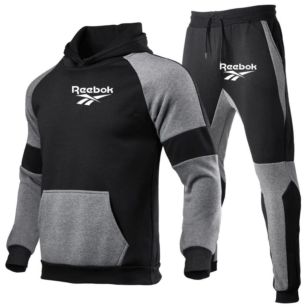 

2020 autumn and winter men's clothing brand printing color matching plus velvet long-sleeved sweater + trousers sportswear fashi