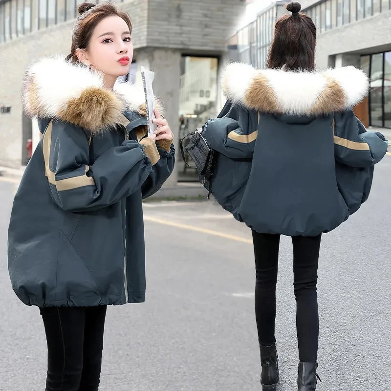 

Winter Cotton-padded Jacket Women Hooded Down Cotton Parka Women Hooded Down Parka Female Loose Big Fur Collar Korean Coat