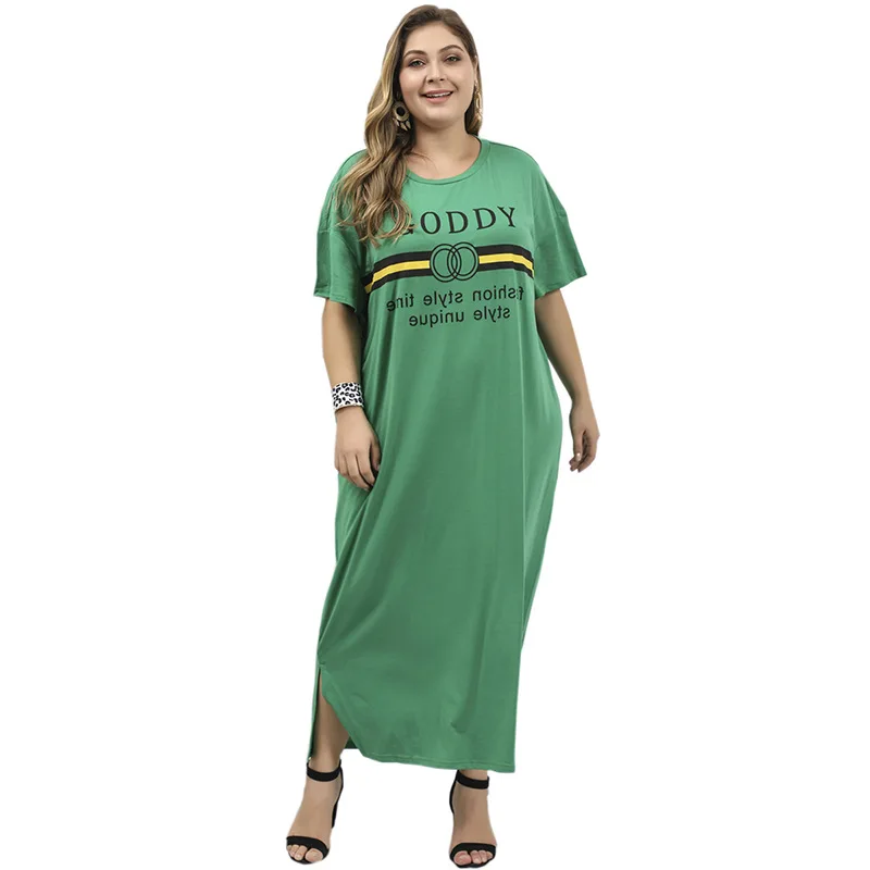 Женское летнее длинное платье размера плюс для женщин, большие свободные повседневные Прямые Платья с коротким рукавом и круглым вырезом, зеленый цвет 4XL 5XL 6XL 7XL