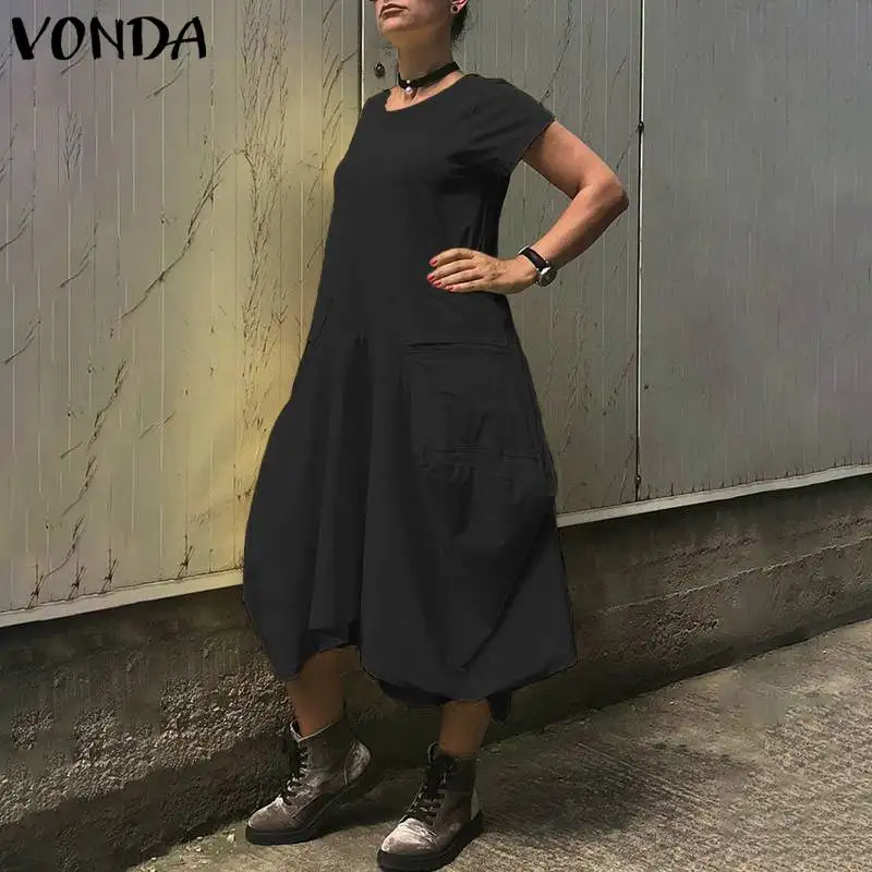 VONDA, женское летнее платье,, Ретро стиль, одноцветное, короткий рукав, пуговицы, макси, длинное платье, негабаритный сарафан, Femme Robe S-5XL Vestidos