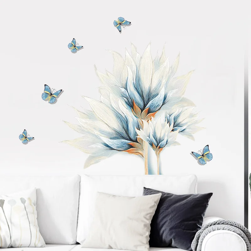 

Blue Butterfly Flower Wall Sticker Water Color Background For Living Room Sofa Home Decor Bedroom Mural Wallpaper PVC