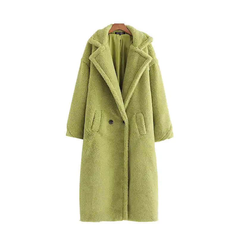 Винтажная стильная Толстая теплая куртка из искусственного меха, пальто для женщин, модная зимняя женская верхняя одежда с длинным рукавом и карманами, шикарные топы - Цвет: Зеленый