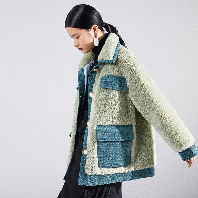 [EAM] Loose Fit Contrast Color Lambswool Split Jacket New Lapel Long Sleeve Women Coat Fashion Tide Autumn Winter 1K554