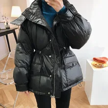 Ladies Solid New Hooded Waist Cotton-Padded Parka Women Winter Down Padded Jacket Warm Windproof Bread Cotton Coat