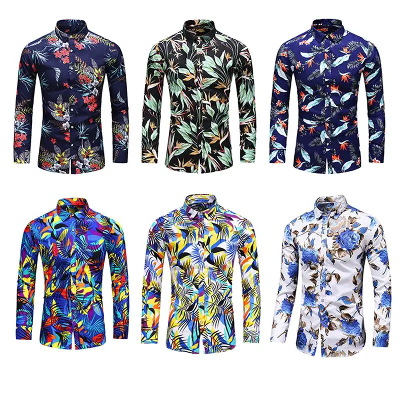 

Hawaiian Shirt Men's clothing Long sleeve Fashion Floral Blouse Men Flower Mens dress Shirts Social New