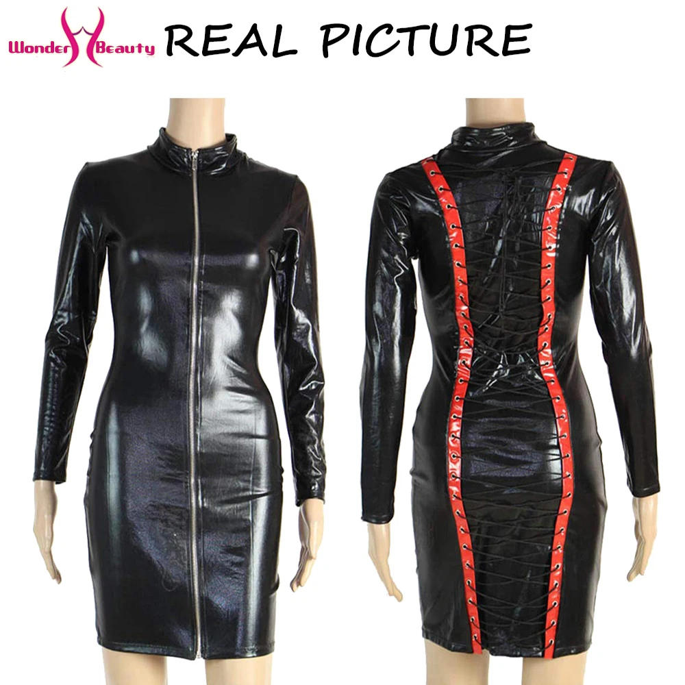 Long Sleeve Faux Leather Dress Zipper Lace Up Midi Bodycon Wet Look Vinyl Party Night Club Dresses Vestido (4)
