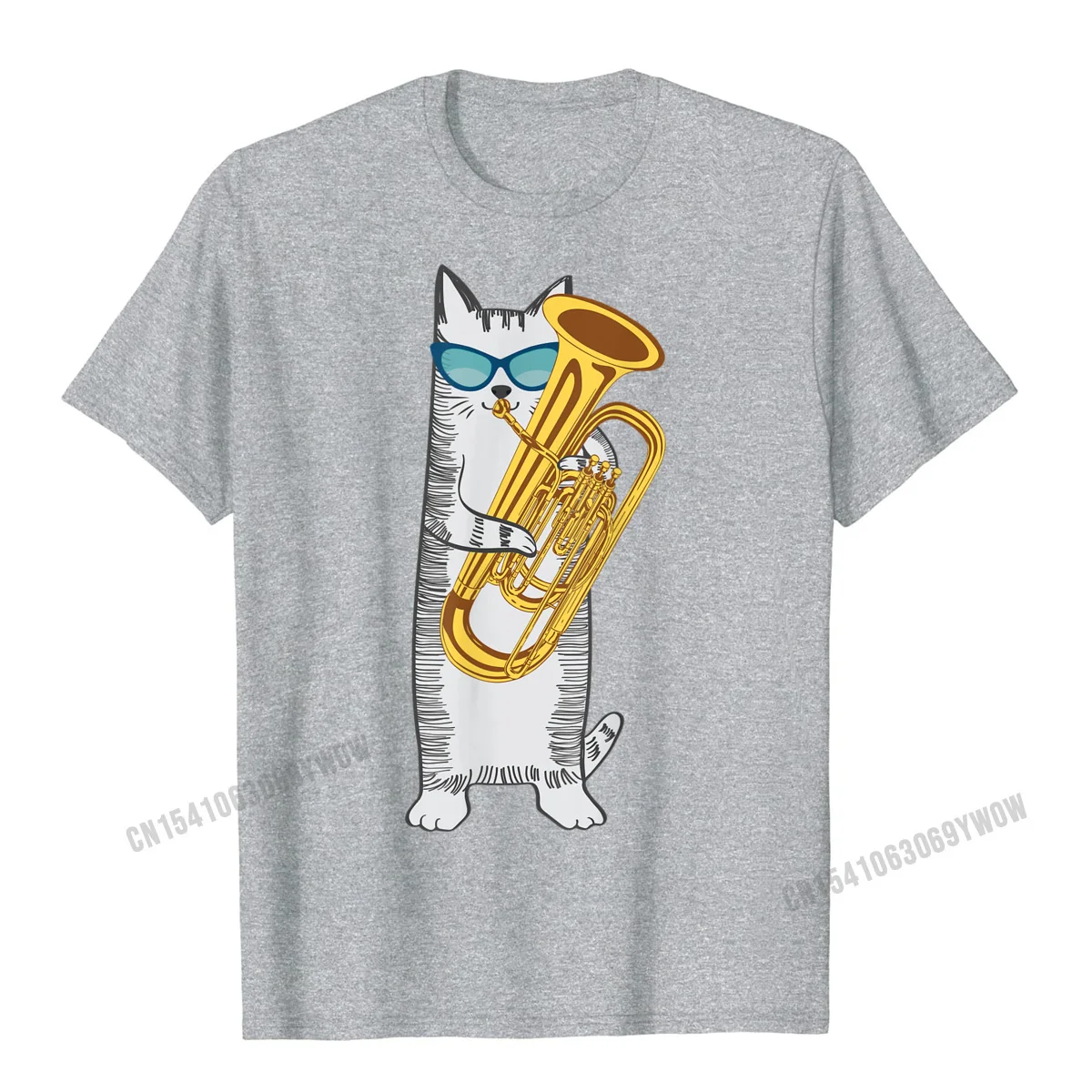 Faddish Men's T-shirts Crew Neck Short Sleeve 100% Cotton Casual T Shirt Crazy T-Shirt Free Shipping Tuba Cat Wearing Retro Sunglasses For Low Brass Players T-Shirt__122 grey