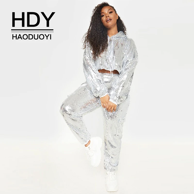 

HDY Haoduoyi Leisure Loose Large New Fashion Striped Elastic Waist Trousers Silver Sequins Pocket Pants
