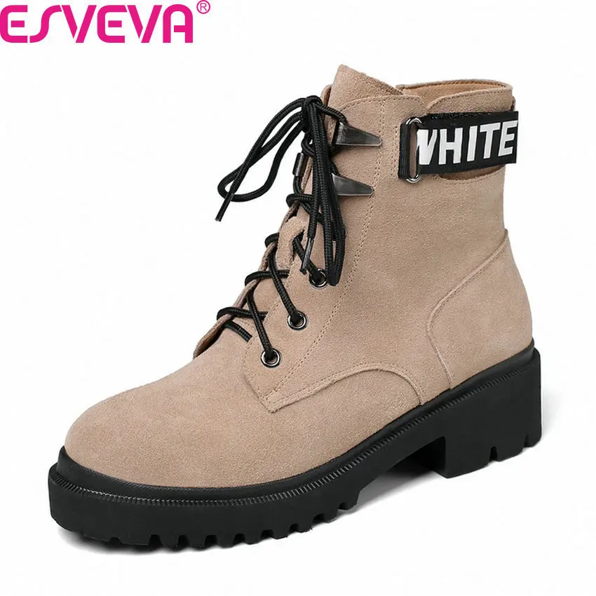 

ESVEVA 2020 Cow Suede Platform Square High Heel Autumn Winter Women Shoes Round Toe Lace Up Zipper Casual Ankle Boots Size 34-40