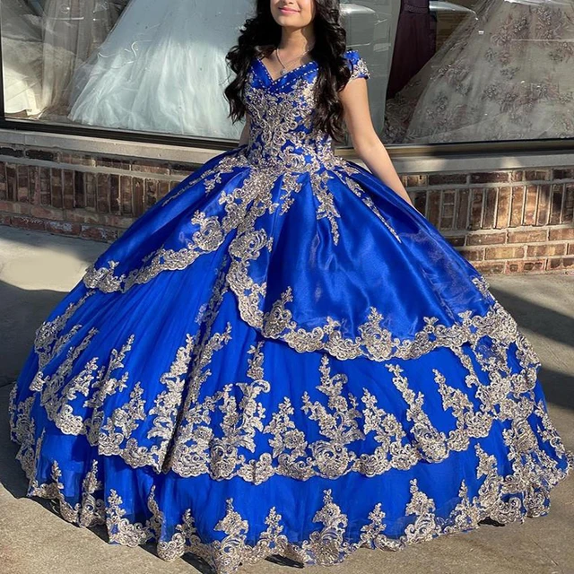 Off-the-Shoulder Gold Lace Royal Blue Ball Gown 7024RB – Sparkly Gowns