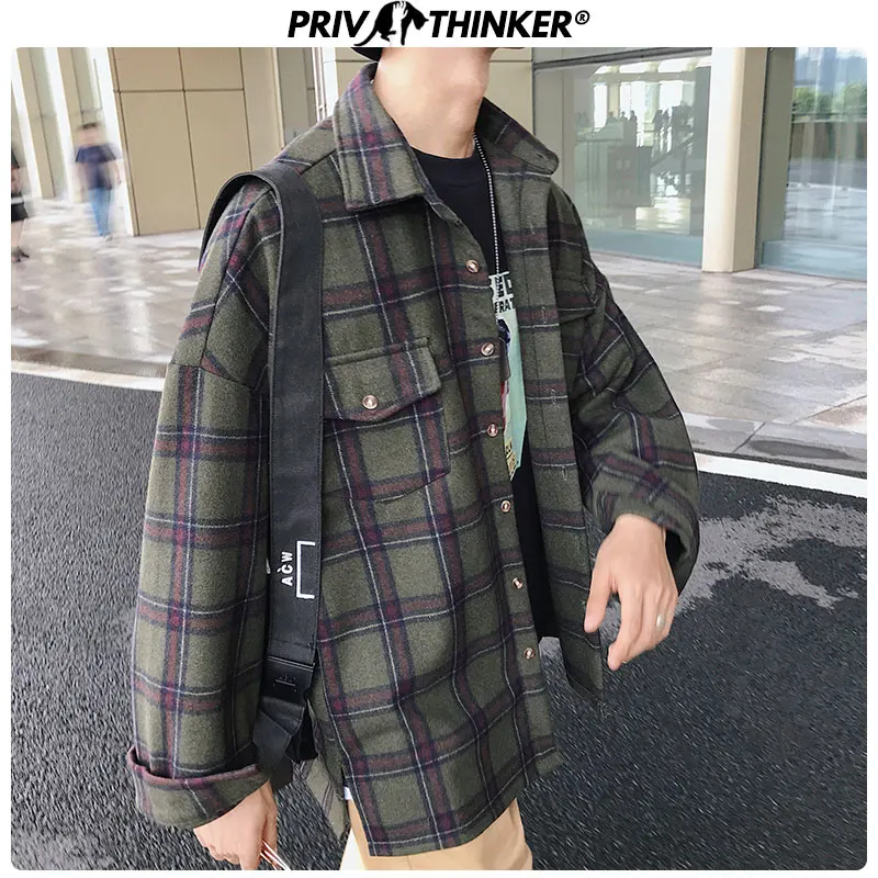 

Privathinker Mens Harajuku Plaid Oversize Wool Jackets Men 2020 Pockets Jacket Male Casual Thick Warm Winderbreak Korean Winter