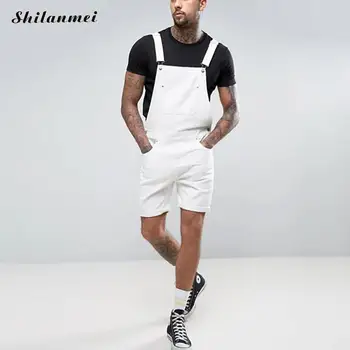 

2019 Men's Overall Solid White Men Short Ripped Denim Jumpsuits Fashion Street Plus Size Pocket Male Jeans Bib Suspender Pants