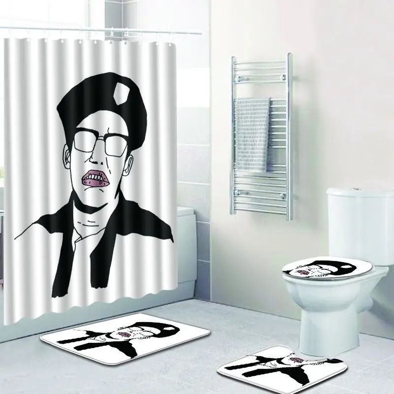 4pcs/set Creative 3D Cool Men Shower Curtain Waterproof Polyester Fabric Washable Modern Solid Toilet Seat Cover Anti-slip Mat
