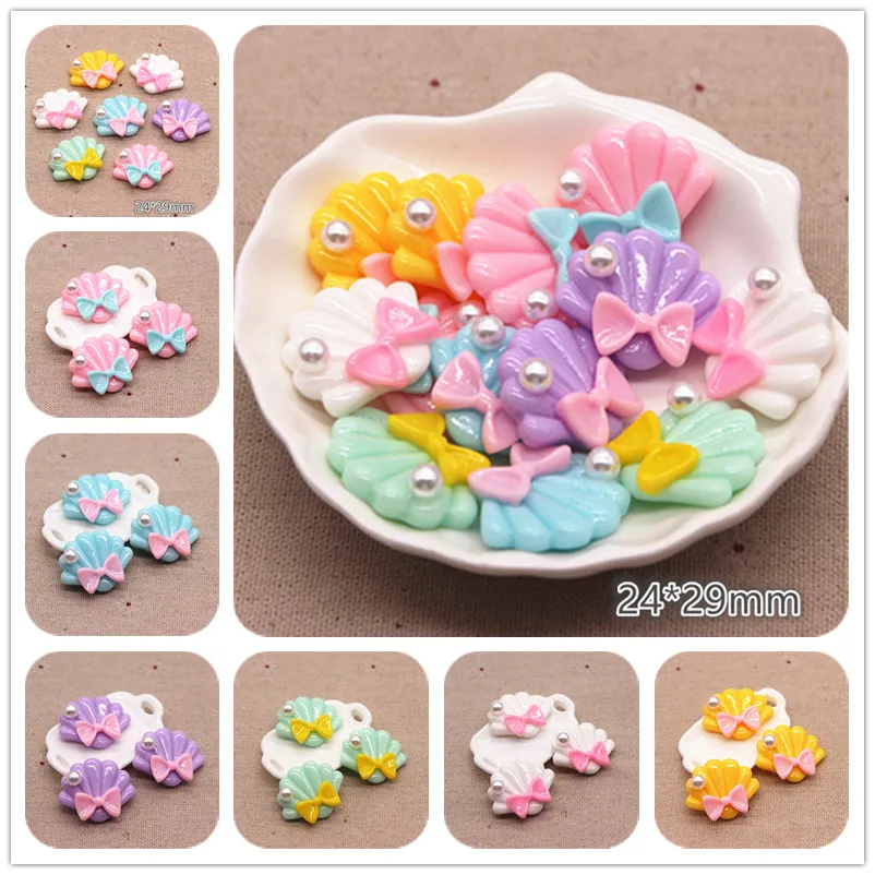 

10pcs 24*29mm Resin ABS Pearl Seashell with Bow Flat back Cabochon DIY Phone/Craft Scrapbooking