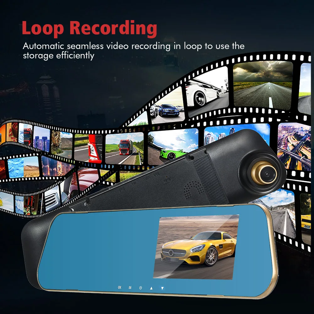 

4.3'' Car DVR Dash Cam Video Camera Vehicle Driving Recorder Front&Rearview Mirror Car DVR with Loop Recording Motion Detection