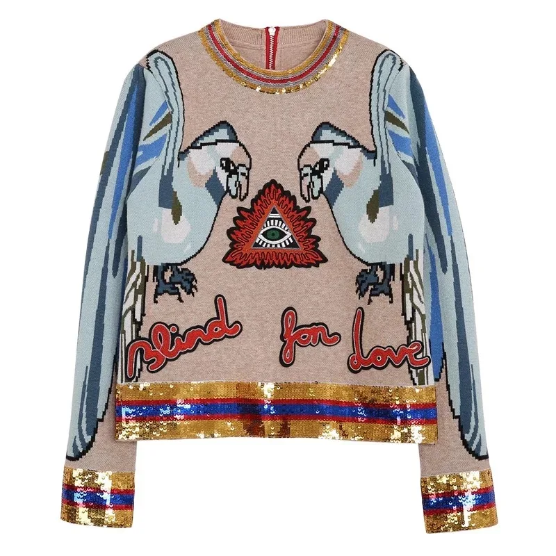 

2019 Autumn Winter Runway Embroidery Sequined Knitting Sweaters Fashion Parrot Jacquard Long Sleeve O Neck Women Pullover Jumper