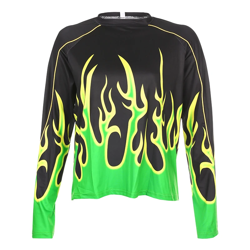 HEYounGIRL с принтом огненного пламени Харадзюку, толстовка с круглым вырезом, женские повседневные пуловеры с длинным рукавом, уличный сверхразмерный худи для женщин - Цвет: green top