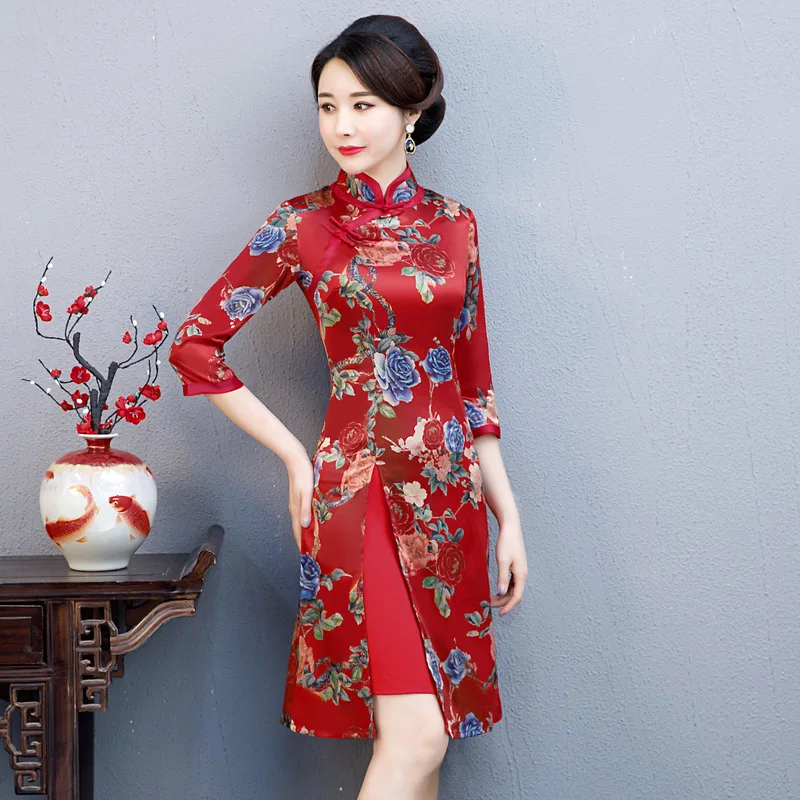 Новое поступление осень Aodai Женские китайские традиционные платья из вискозы с цветочным принтом Qipao воротник стойка Тонкий Cheongsam Размер M-5XL