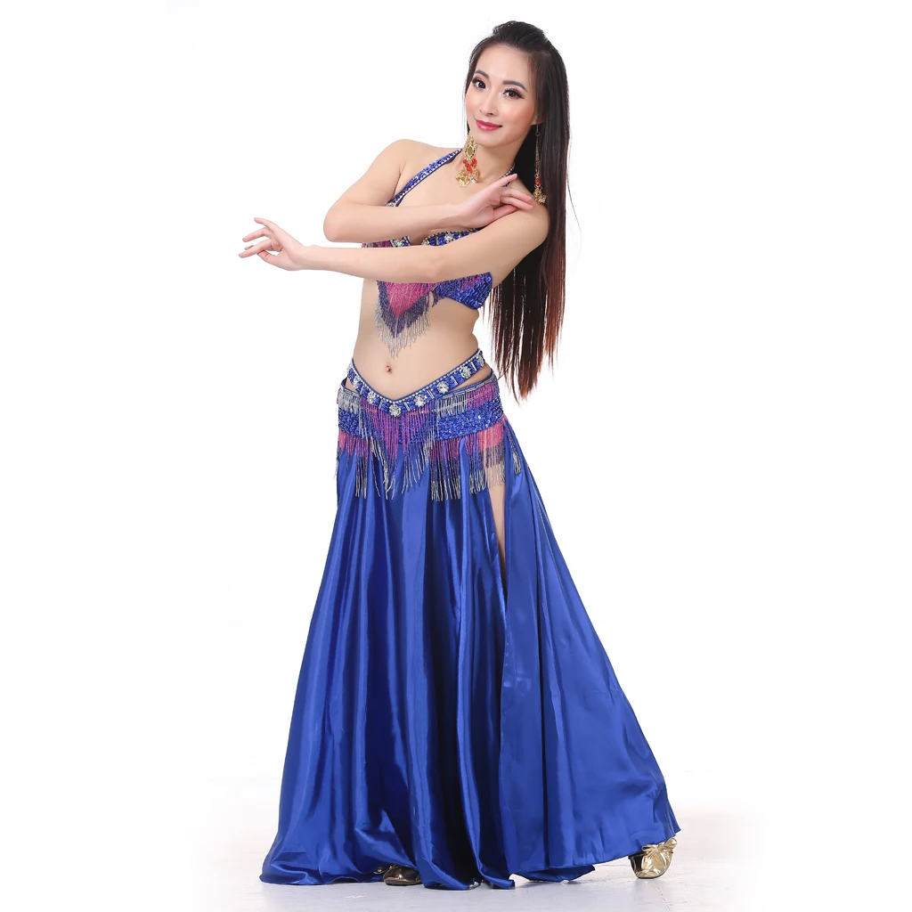 Women Elegant Belly Dance Skirt Tribal Double Slits Satin Long Skirt (No Belt)