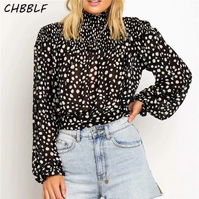 

CHBBLF women print blouse lantern sleeve bow tie shirts female streetwear loose top JHN81042