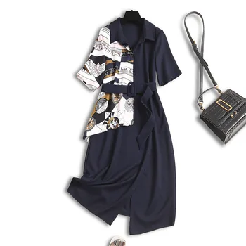 

Women color block jersey dress 2020 summer short sleeve sashes a-line turn-down collar patchwork shirt dresses navy blue