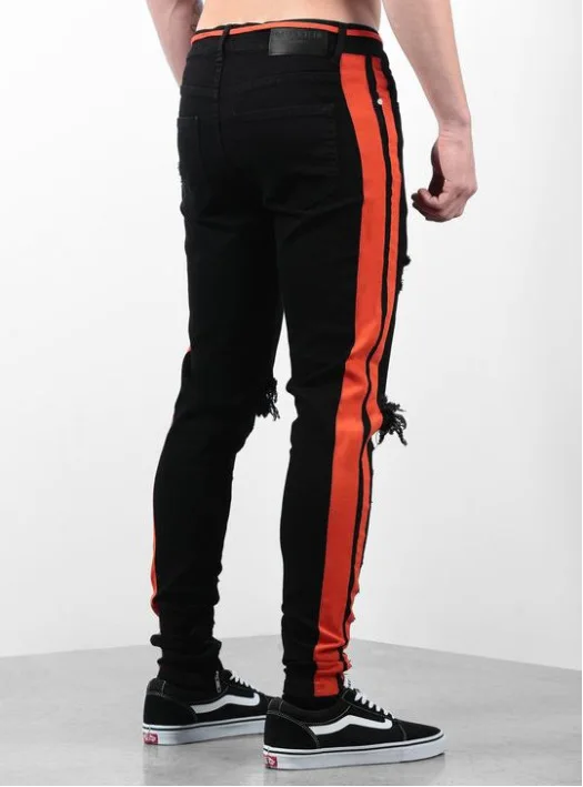 Promotion 2019 new streetwear hiphop personality men jeans side zipper ripped fashion male destroyed skinny 4 colors striped denim pants