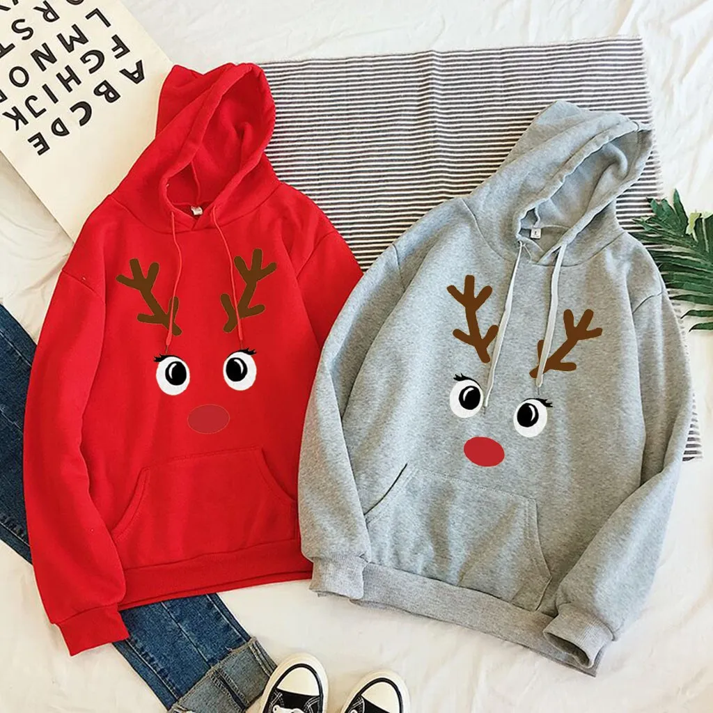 Christmas Print Sweatshirt Elk Printed Women Long Sleeve Christmas Hoodies Blouse Pullover Loose Street Tops jersey navidad