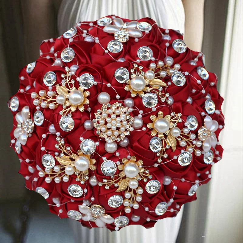 

1pc/lot Red Ribbon bride holding flowers with pearl for wedding decoration