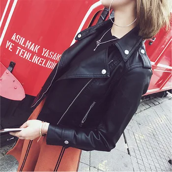 

Casual Solid Women Faux Leather Jacket Fashion Slim Womens Jackets and Coats Turn-down Collar Motorcycle Overcoat