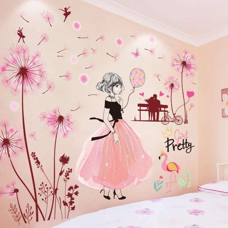 [Shijuekongjian] розовый цвет Одуванчики цветы наклейки на стену DIY мультфильм декоративные наклейки на стену с изображением девушки для дома детская комната украшения детской комнаты