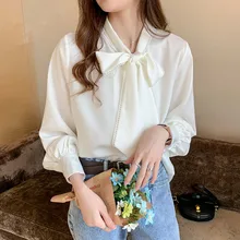 Aliexpress - Satin Chiffon Blouse Women 2021 Autumn Fashion Korean Tops Loose Long Sleeve Shirt White Blue Office Lady Clothes with Bow