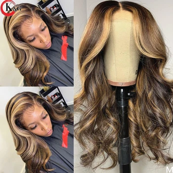 

KungGang Highlight 13*4 13*6 Lace Front Human Hair Brazilian Middle Ratio Deep Part Lace Wavy Wigs 130% 150% Density
