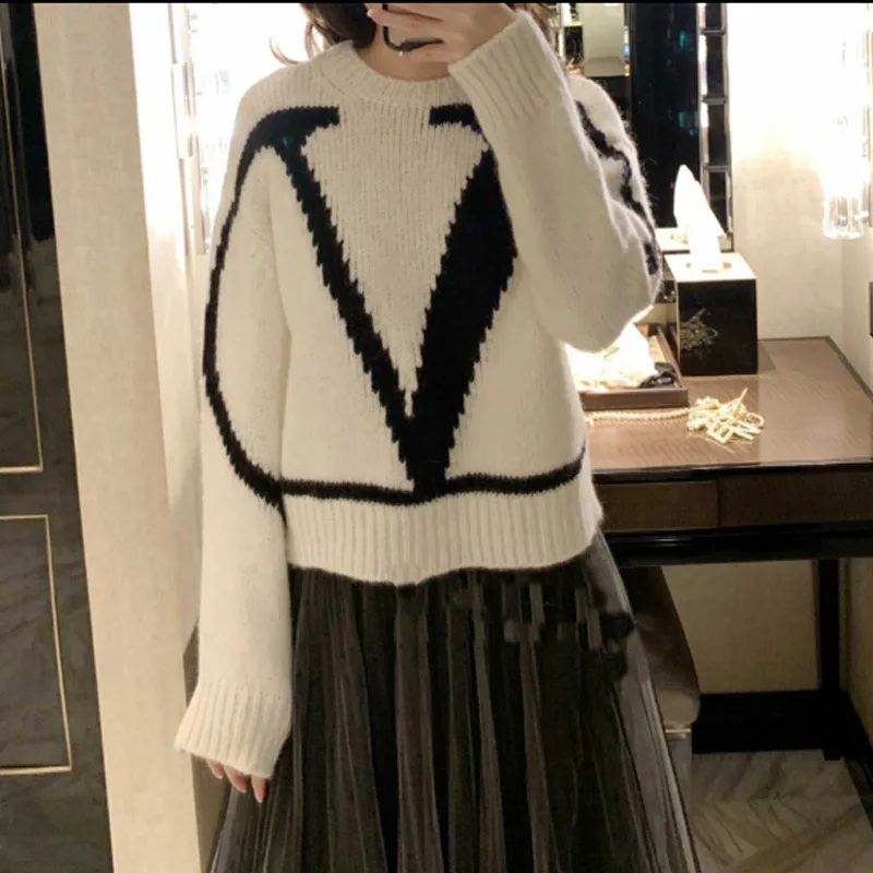 

Wool-blend Women Sweater Jacquard V Letter Pullover Womens Sweaters Tops 2019 New Cute Sweater Winter Clothes