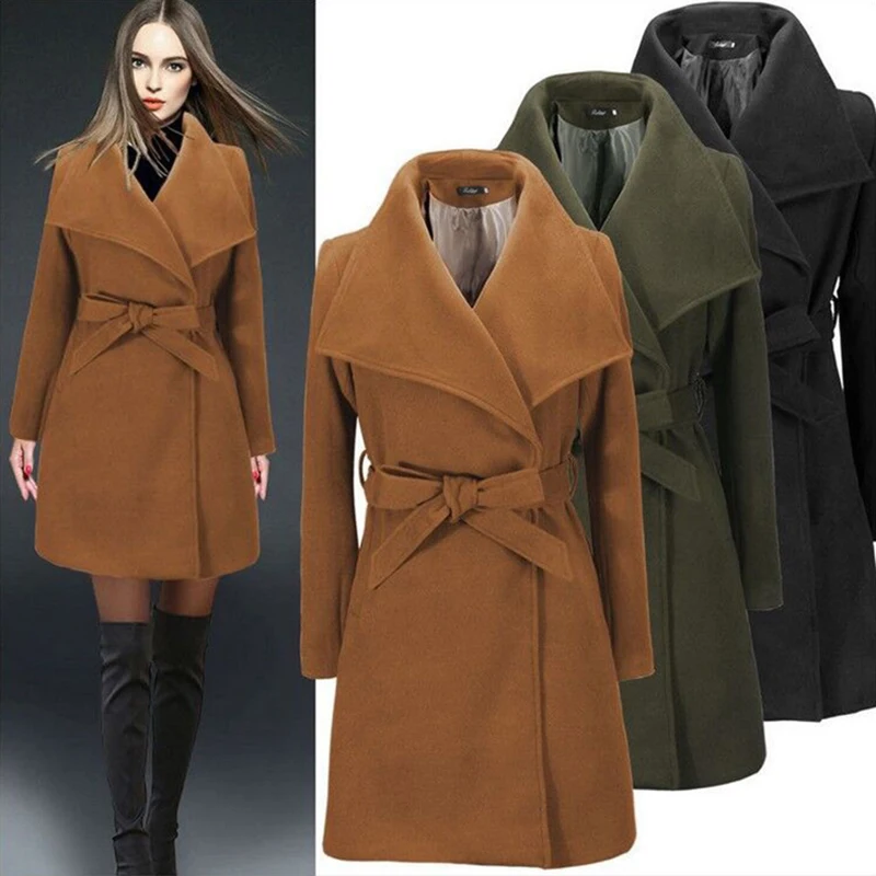 Зимнее женское Шерстяное Пальто Модное Длинное смесовое для офисных леди размера плюс с поясом и бантом коричневое черное пальто уличная одежда