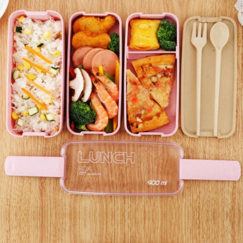 

Household Portable Set Rectangle Shape Concise Three-Layer Plastic Hand Held Microwave Lunch Box With Fork& Spoon