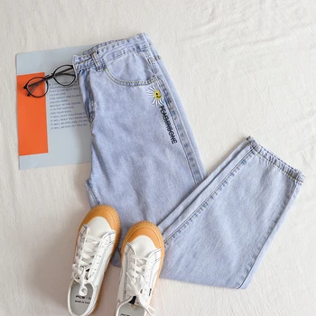 

Side Flower Embroidery Women Ankle Jeans High Waist Light Color Denim Pant Bottom